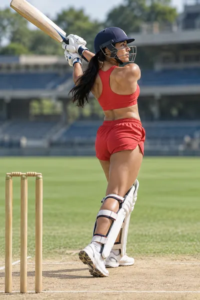 Adult South Asian fitness model playing a cricket shot, viewed from behind
