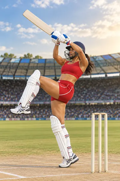 Adult South Asian fitness model playing a cricket shot with one knee raised