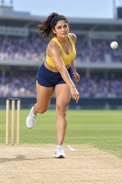 Adult South Asian fitness model following through after bowling a cricket ball