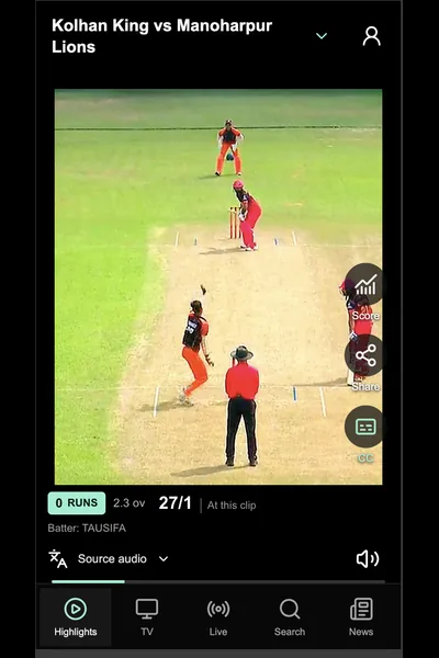 IN Cricket highlights feed showing Kolhan King vs Manoharpur Lions with video, score and playback controls